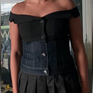 Black Off-Shoulder Top with Denim Accent